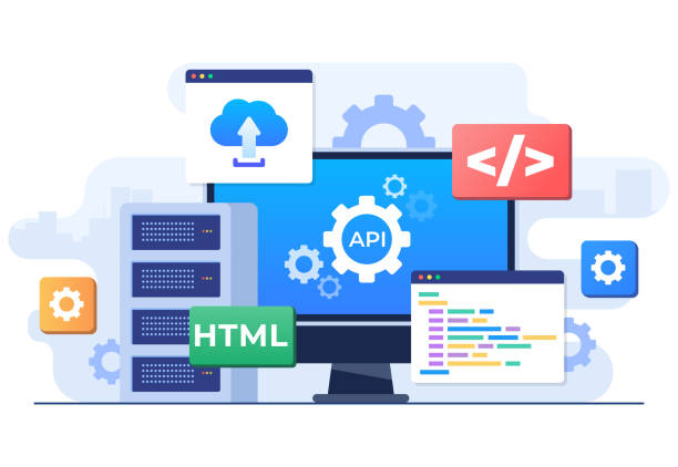 application programming interface concept, api provides the interface for communication between applications, software development tool, internet and networking, simplifying application integration - 系統軟件 幅插畫檔、美工圖案、卡通及圖標