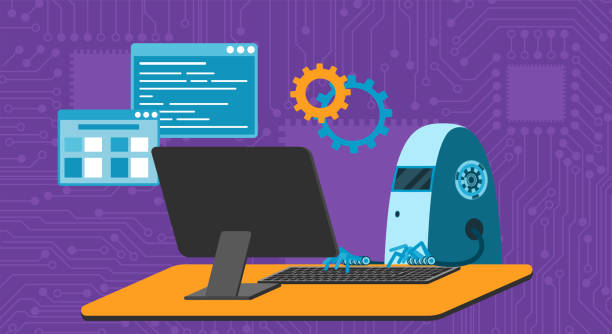 automated work of software, business project development, robot using keyboard at table - 系統(tǒng)軟件開發(fā) 幅插畫檔、美工圖案、卡通及圖標