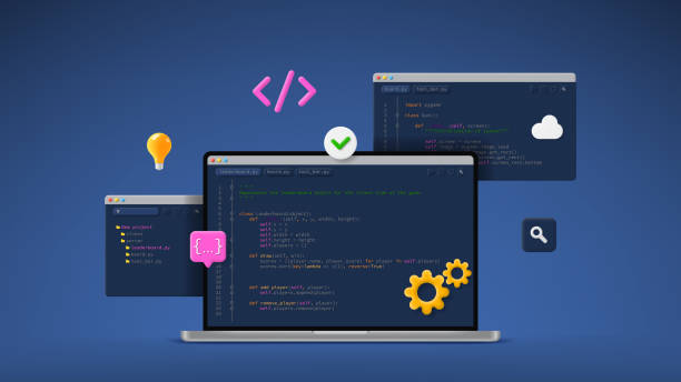 concept of computer programming or developing software or game - 系統軟件開發 幅插畫檔、美工圖案、卡通及圖標