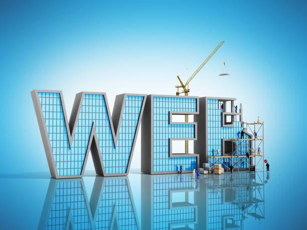 網頁程式開發概念建設者正在題字 web 上藍色 3d 插圖 - 網站門戶搭建 個照片及圖片檔