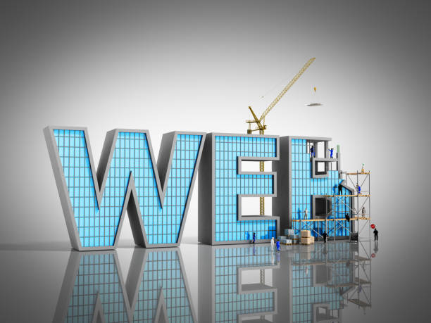 網頁程式開發概念建設者正在題字 web 上藍色 3d 插圖 - 網站門戶搭建 個照片及圖片檔